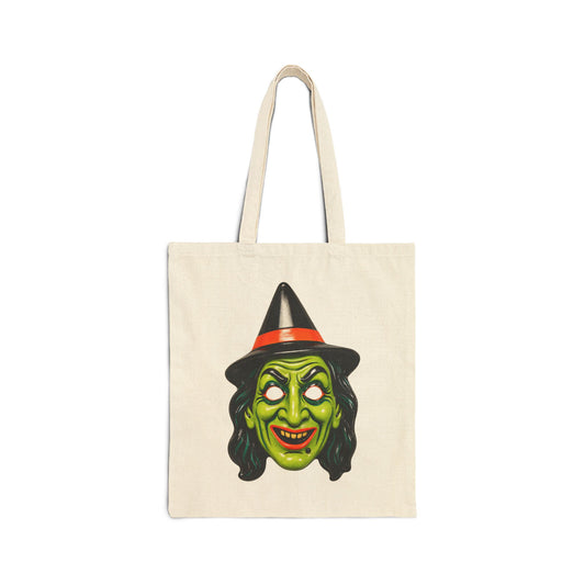 Vintage Halloween Plastic Witch Mask Canvas Tote