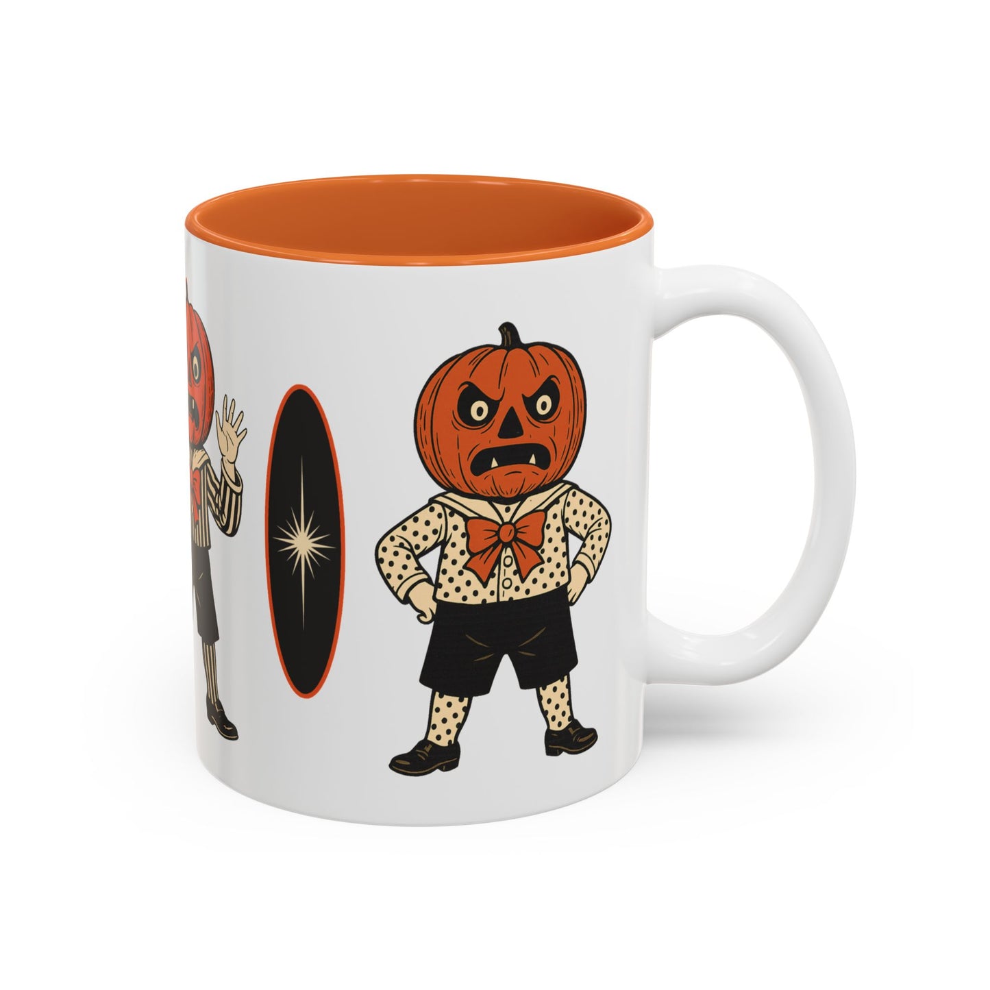 Vintage Halloween coffee mug with orange interior and jack-o-lantern character on side
