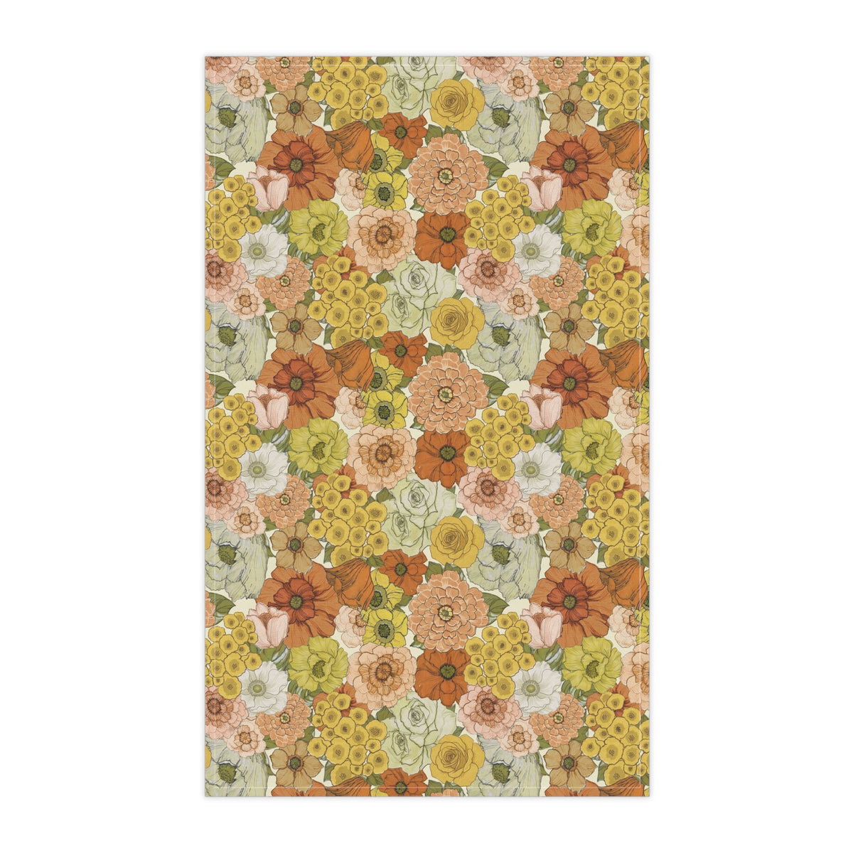 Floral kitchen towel with yellow and orange blooms on cream fabric