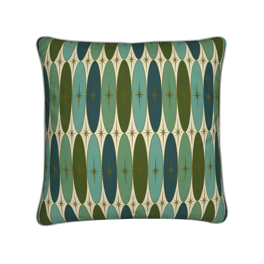 Geometric patterned throw pillow cover in teal and gold with piped edge