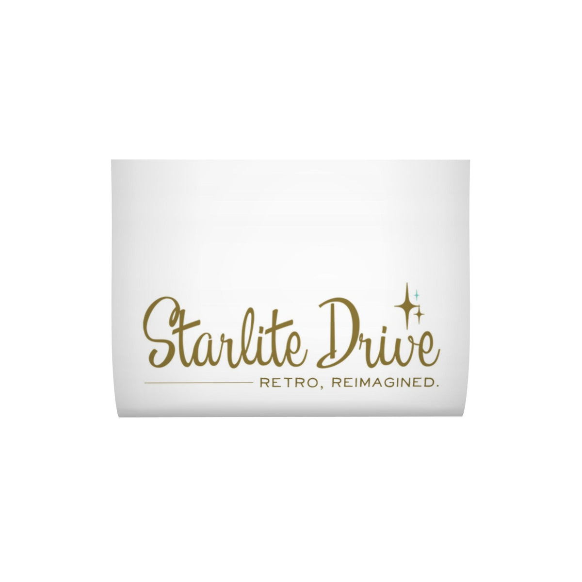 Printed pillow label with gold text “Starlite Drive” and “RETRO, REIMAGINED”