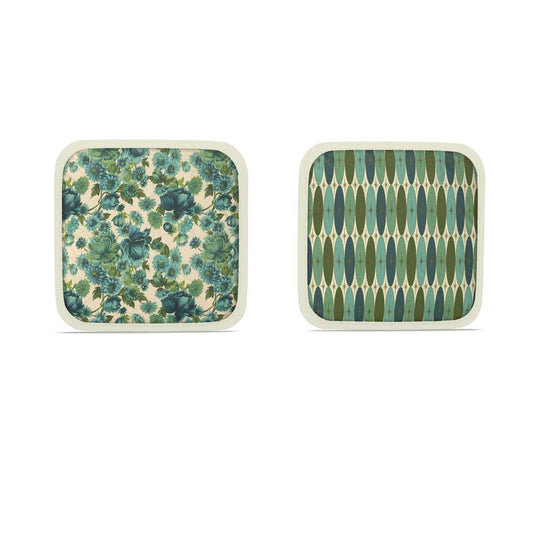 Set of 2 hot dish pads: blue-green floral and teal scallop geometric with cream trim