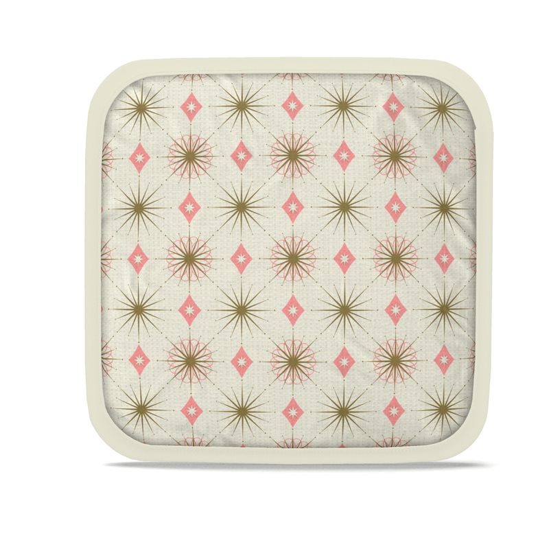 Square light hot plate holder with starburst and diamond pattern, cream edge trim