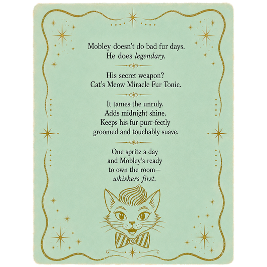 Cat's Meow Miracle Fur Tonic decorative card with cat illustration and gold star accents