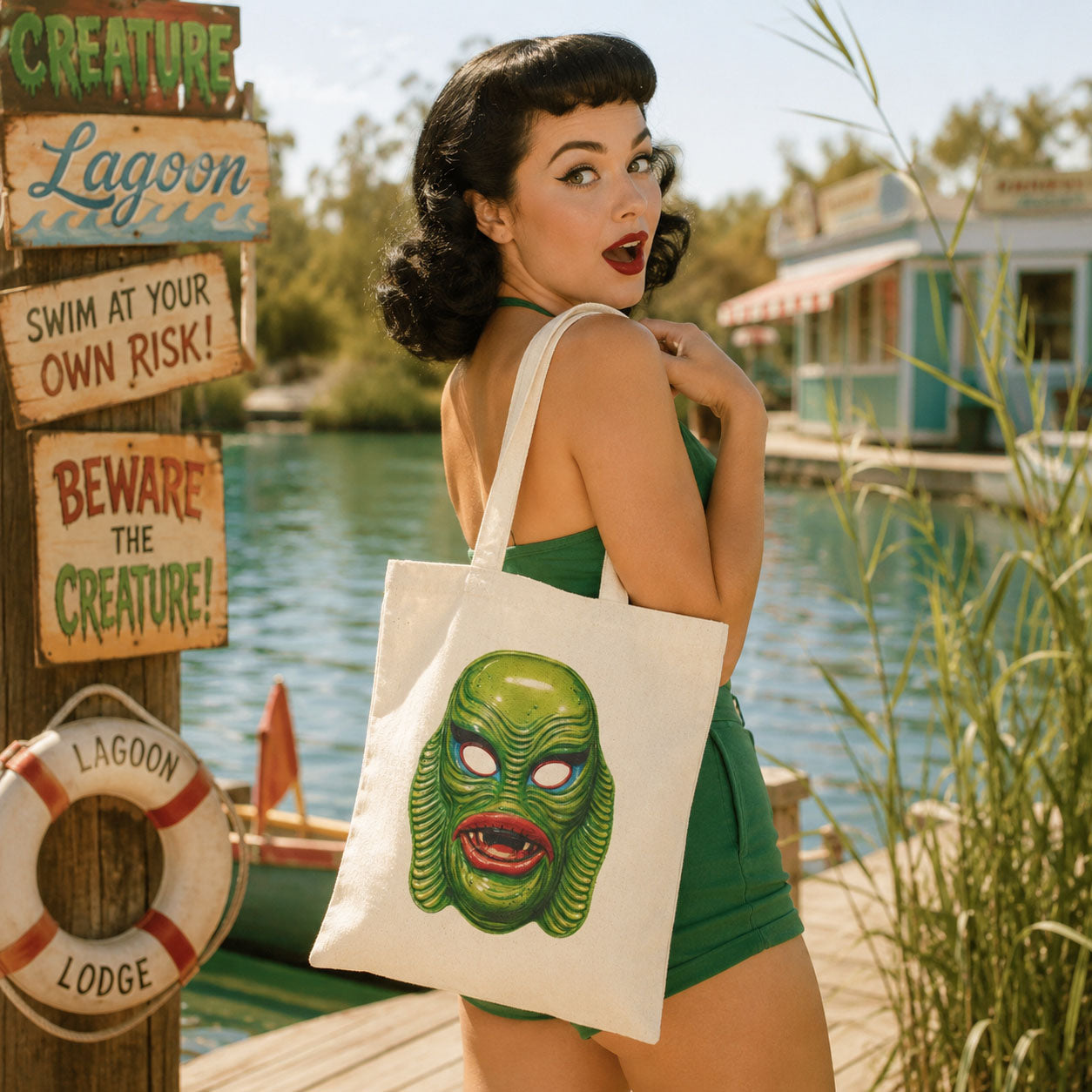 Swamp Creature Vintage Halloween Mask Canvas Tote Bag