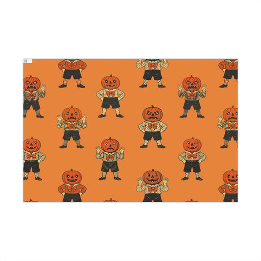 Orange Halloween wrapping paper with repeating jack-o'-lantern boys and costumes