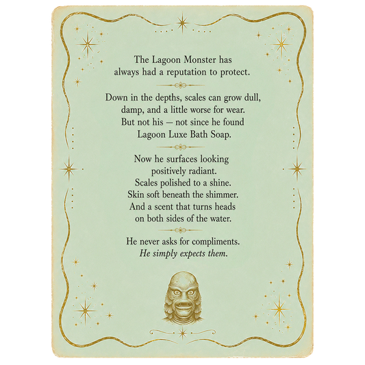 Square Lagoon Luxe bath soap art print with poem text, gold stars, and small monster