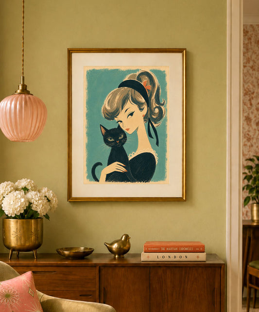 Framed wall art print of a woman and black cat on a teal background