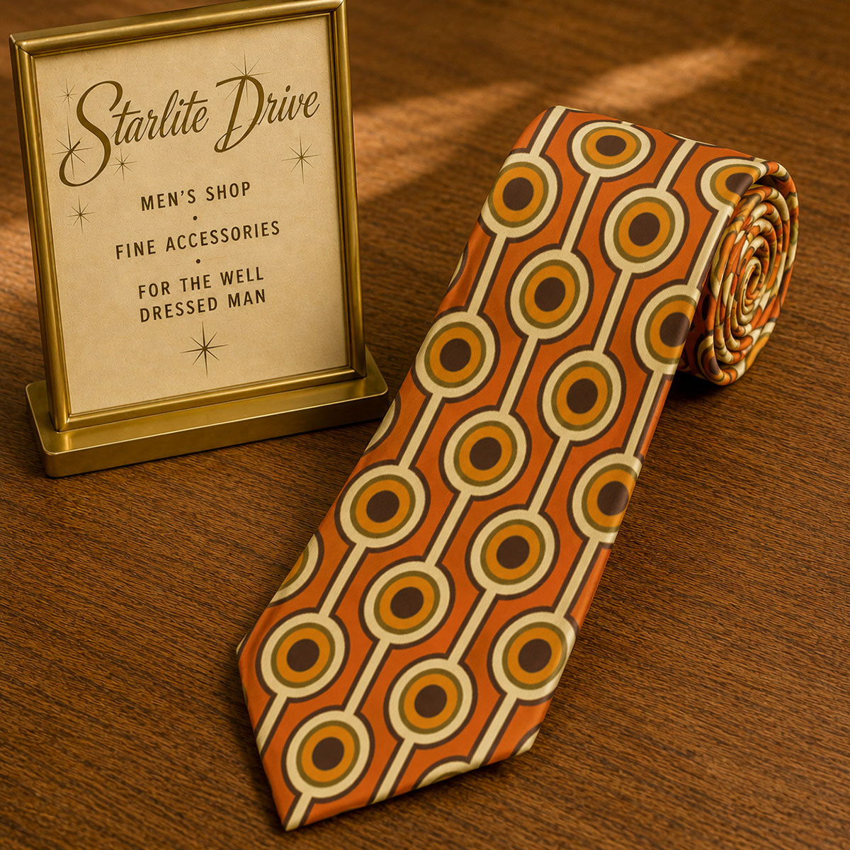 Men's necktie with retro circular ring pattern in orange, tan, and brown