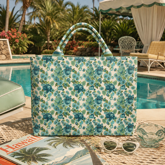Floral carryall tote with teal, green, and cream pattern and double striped handles