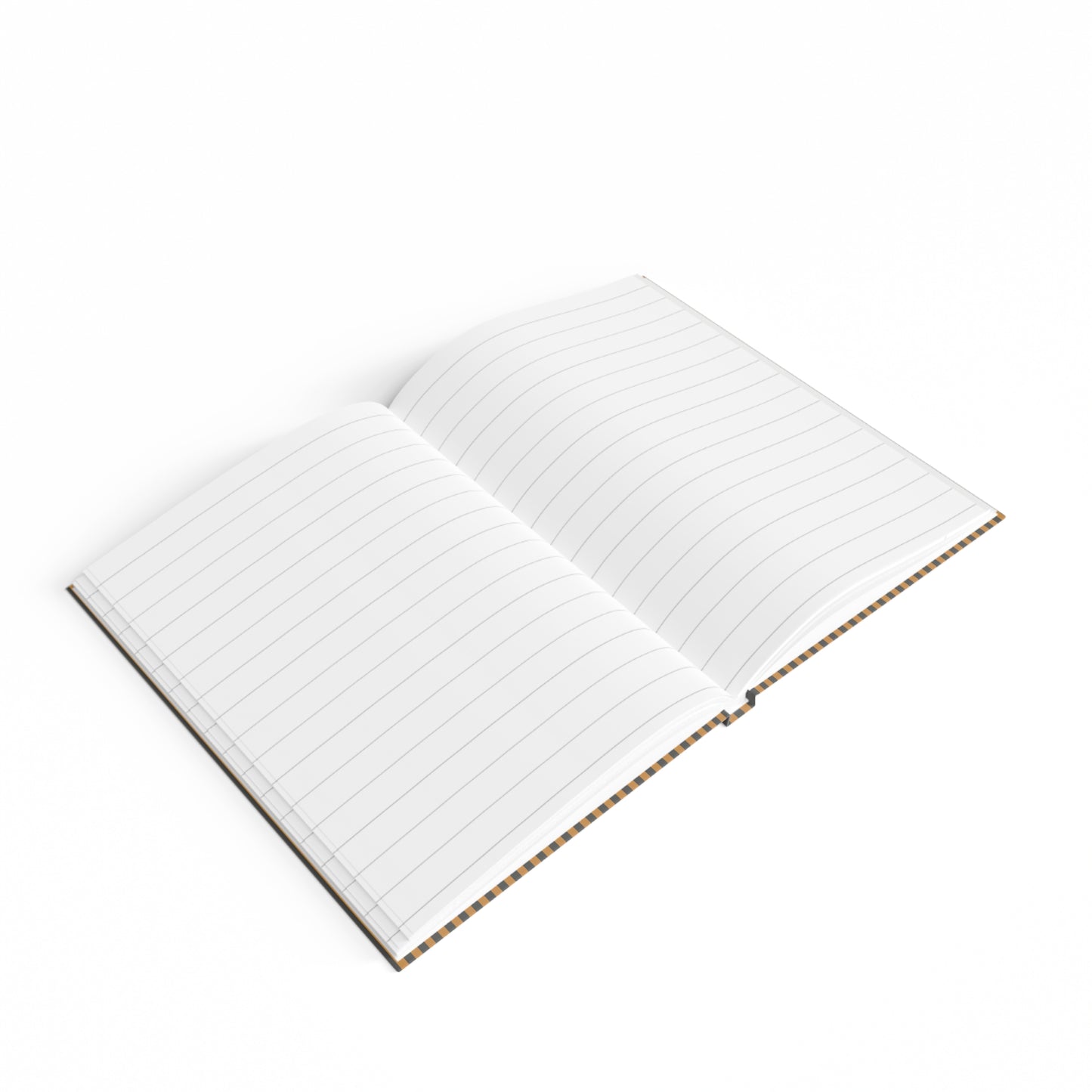 Open ruled notebook with thin horizontal lines and gold-edged page borders