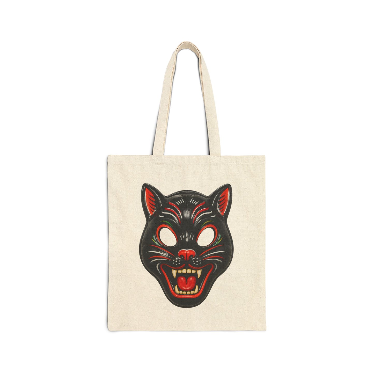 Tote bag with a vintage black cat mask design on a white background