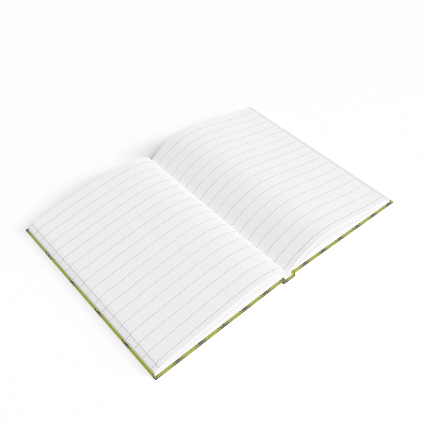 Hardcover lined journal opened to lined pages with green border