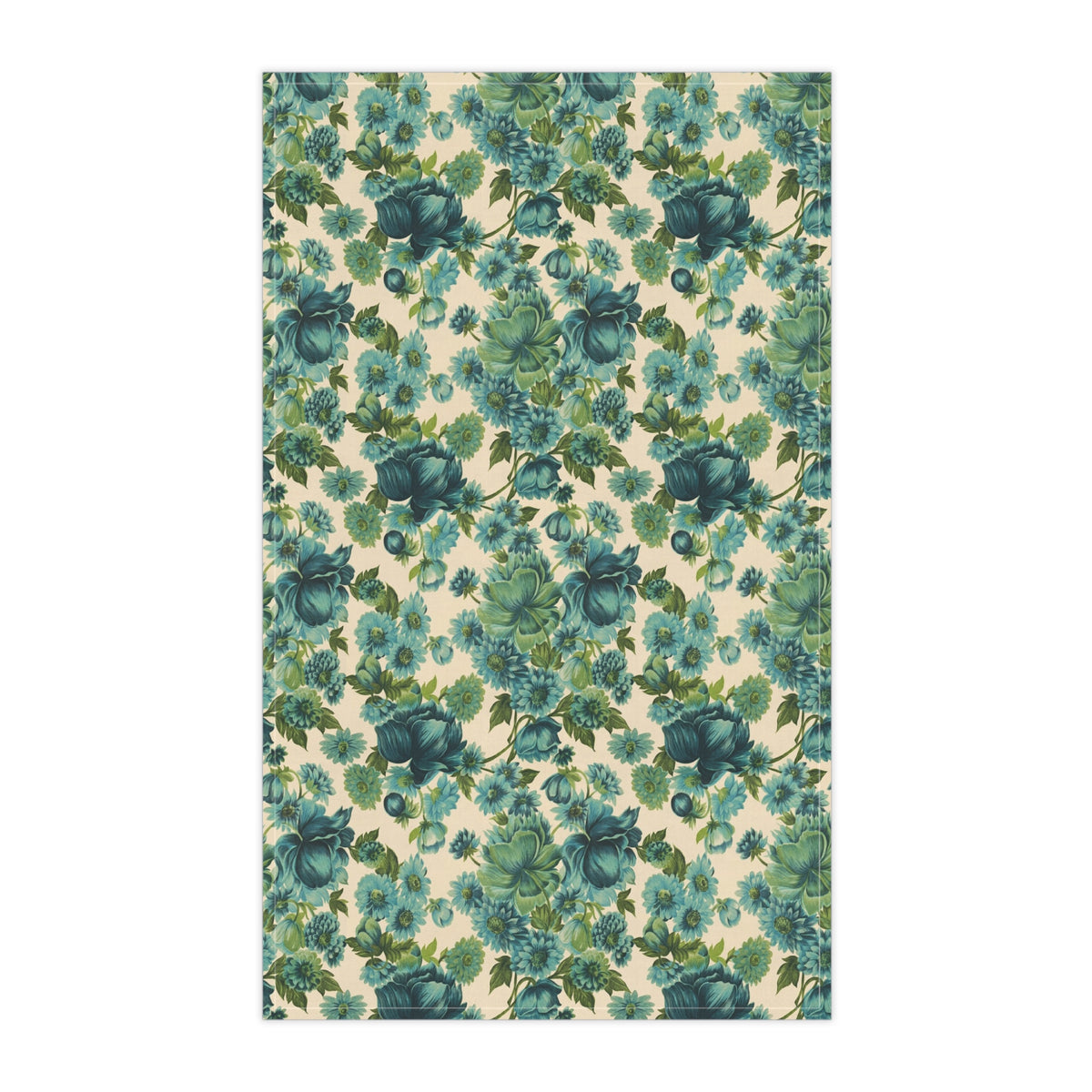 Teal and green floral kitchen towel with vine pattern, rectangular