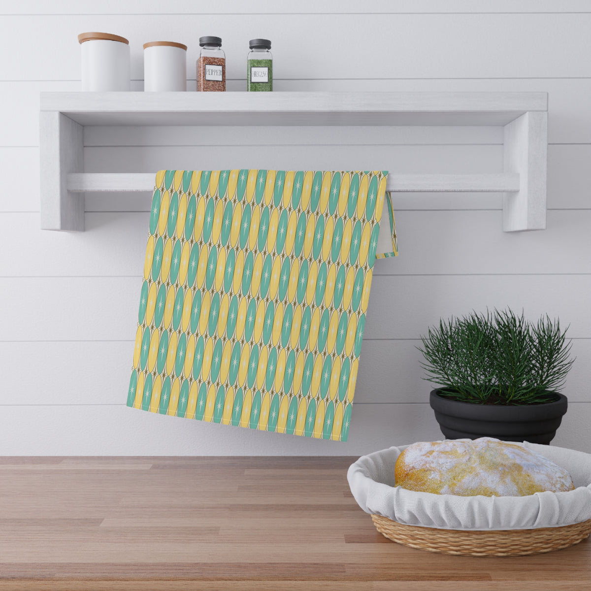 Cotton twill kitchen towel with teal and yellow circular pattern