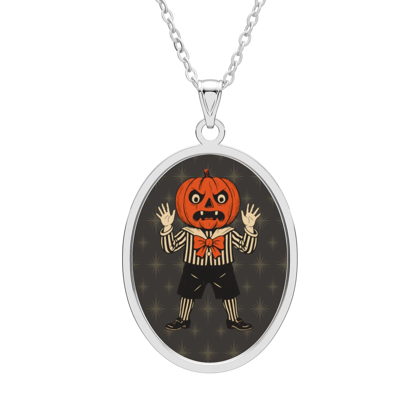 Jolly Jack oval pendant necklace with silver chain and oval jack character pendant