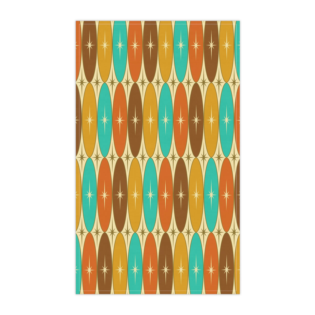Kitchen towel with retro geometric stripe pattern in teal, brown, orange, and gold