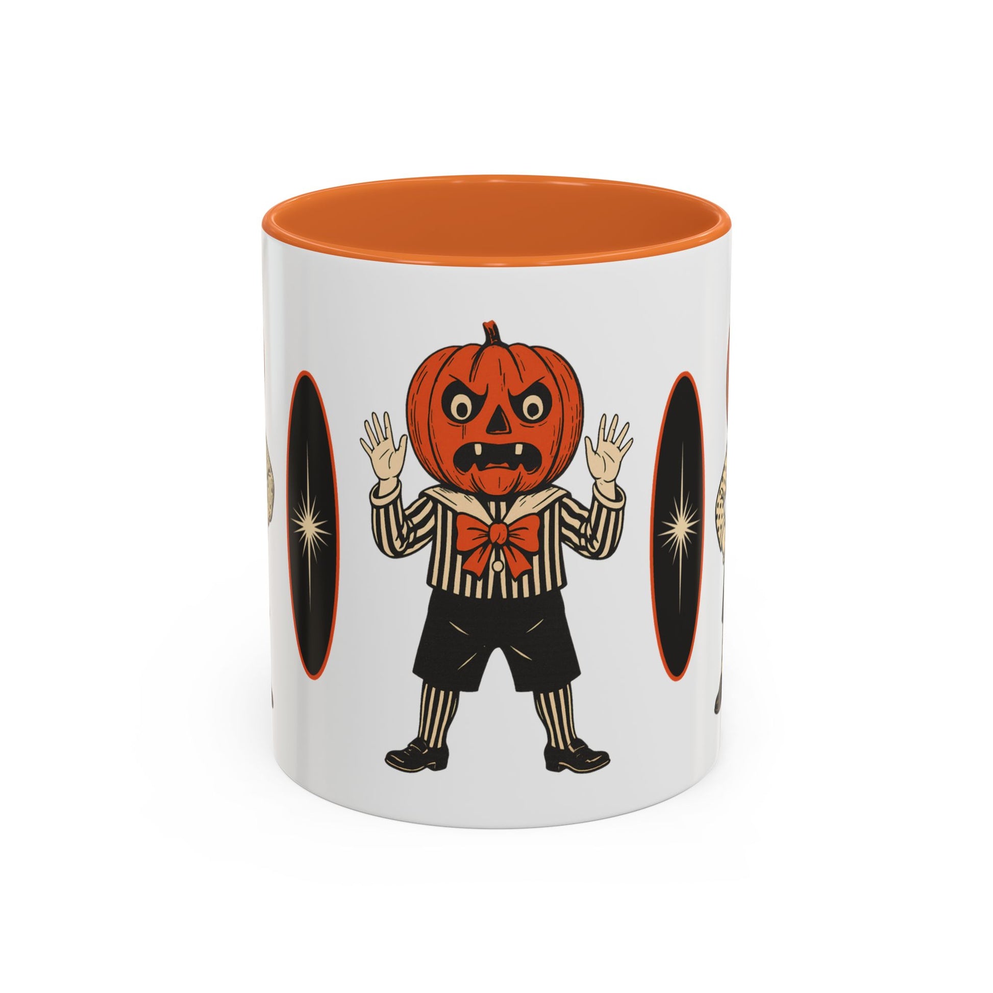 Vintage Halloween coffee mug with orange interior and jack-o-lantern character print