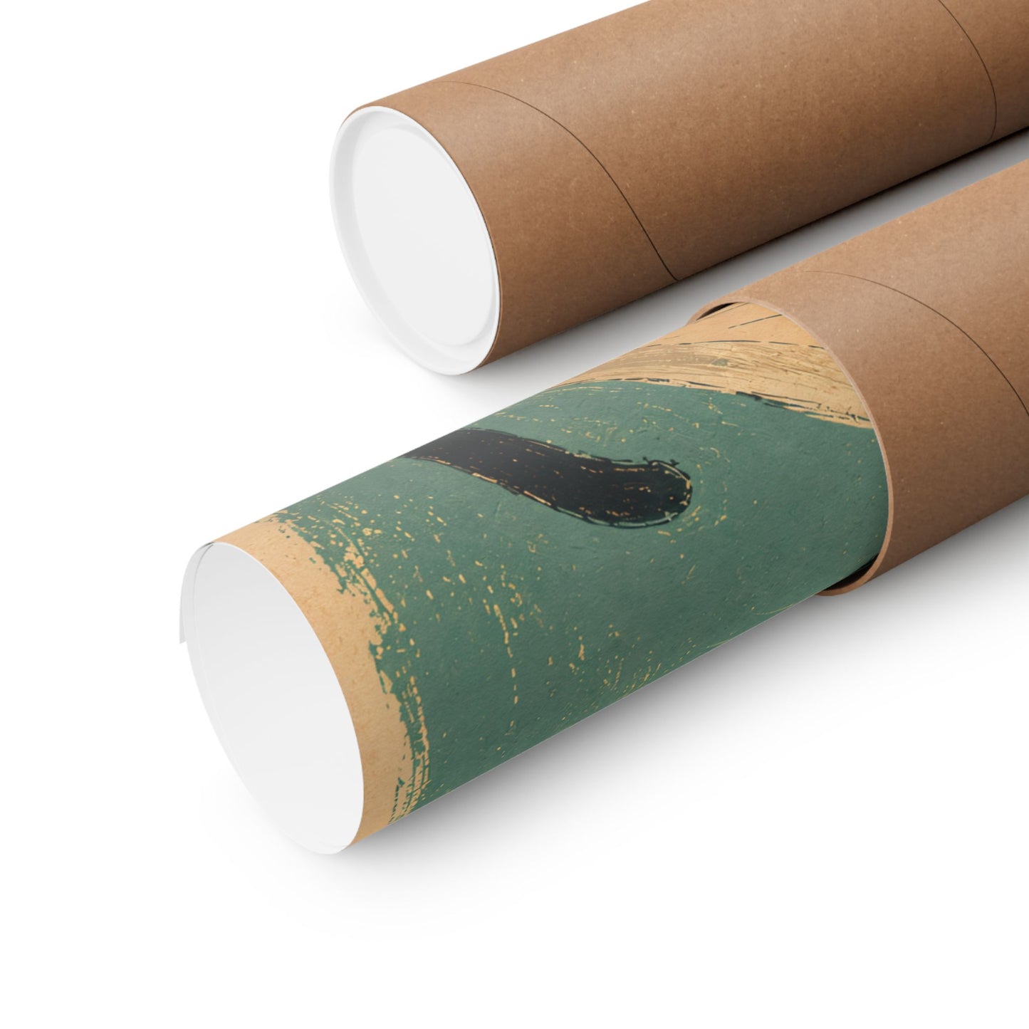 Rolled art print with vintage woman and black cat illustration on green background