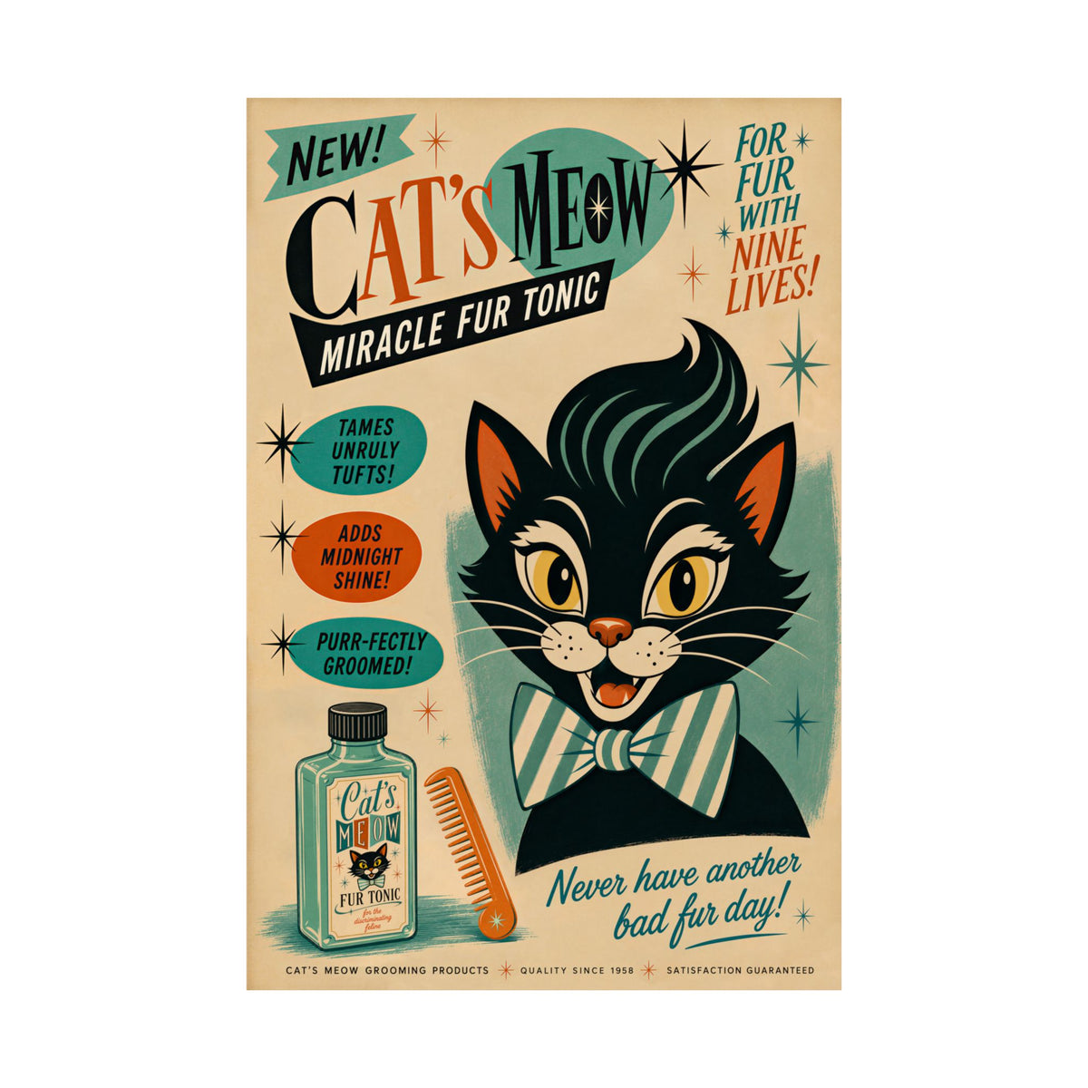 Cat's Meow Miracle Fur Tonic poster with black cat illustration and bottle graphic