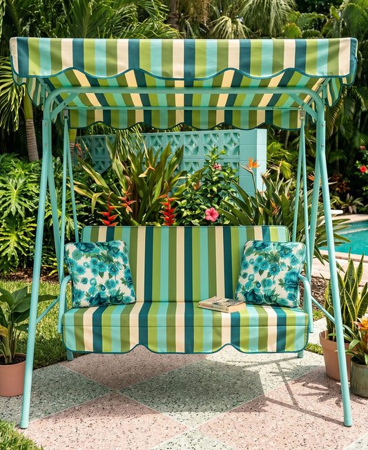 Two green-and-cream striped outdoor pillows with dark piping on a matching swing seat