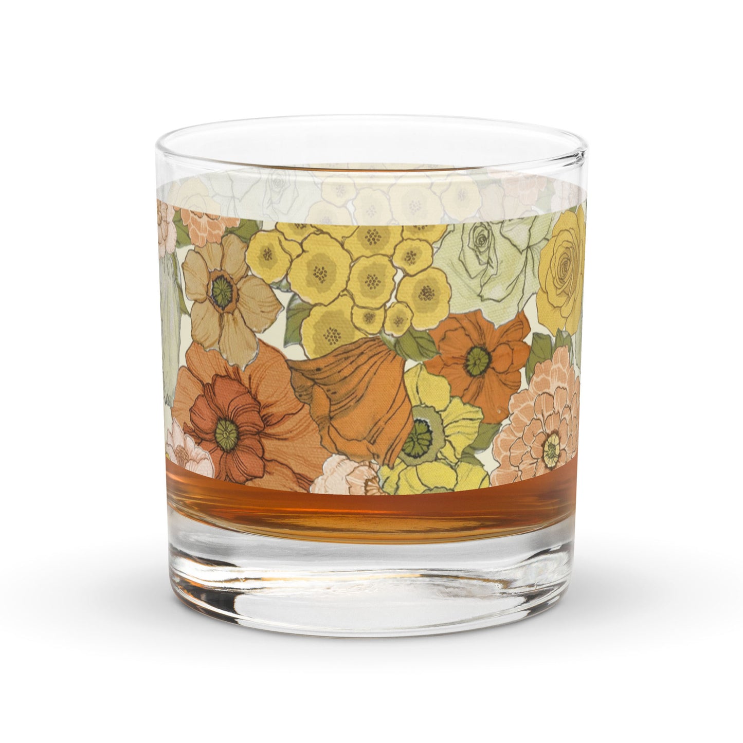 Floral rocks glass with illustrated yellow and orange flowers around the sides