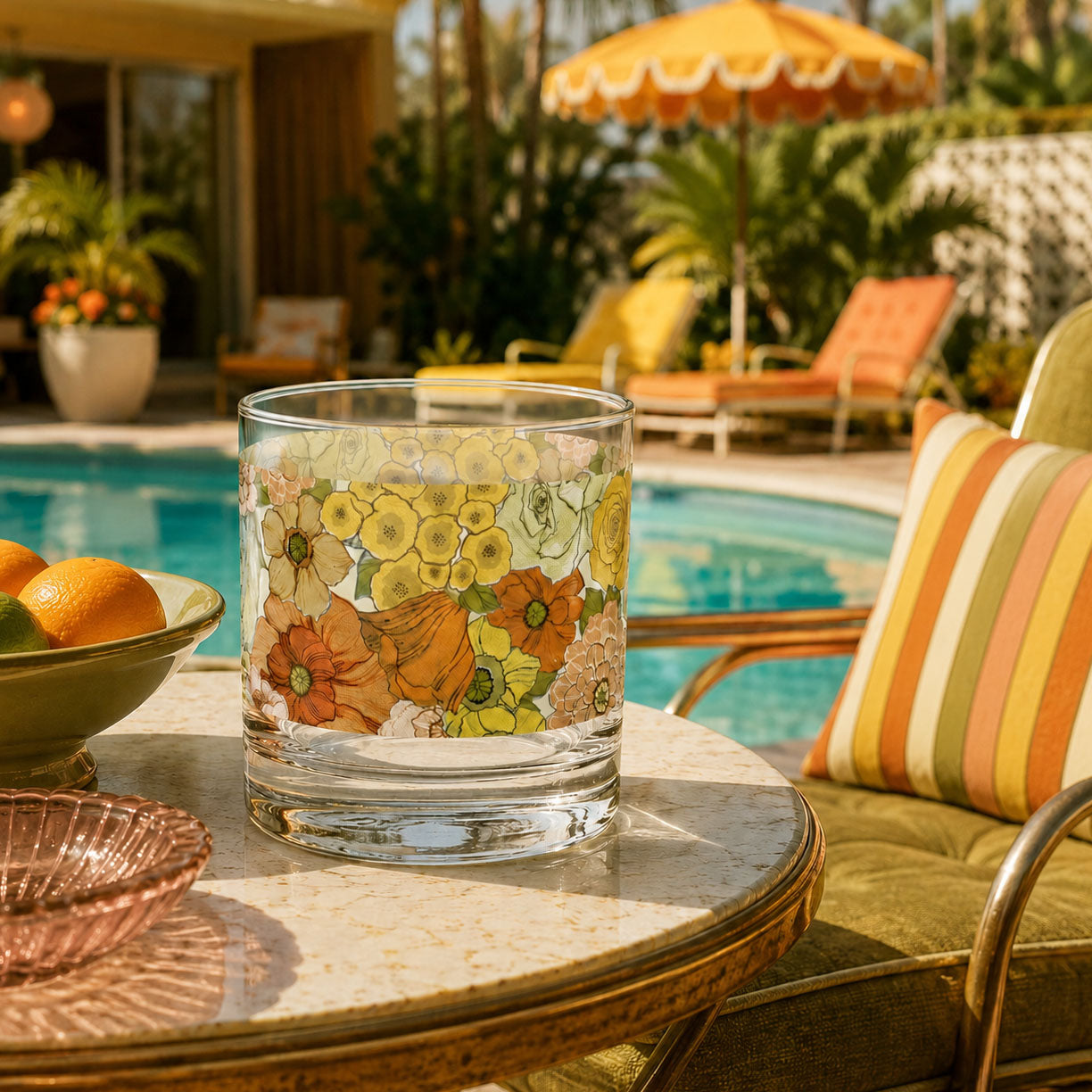 Floral rocks glass on a table, clear sides with yellow and orange flower pattern
