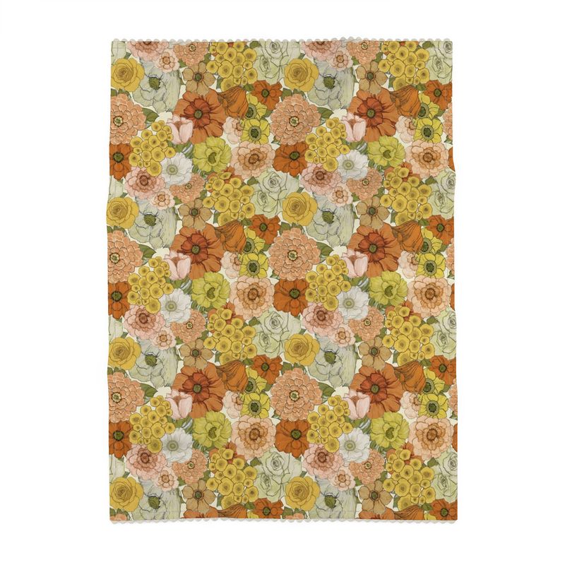 Cotton-linen tea towel with multicolor floral pattern, rectangular folded edge