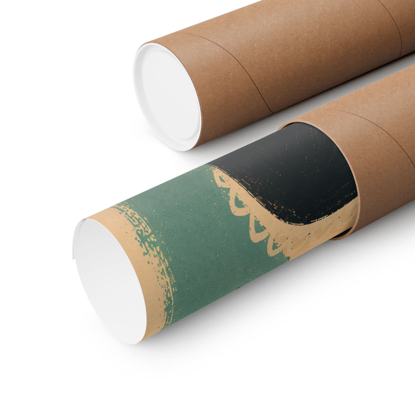 Rolled matte art print paper showing teal portrait with a black cat