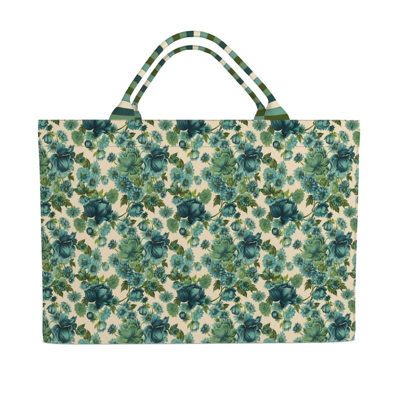 Floral tote bag with teal and green leafy pattern and striped fabric handles