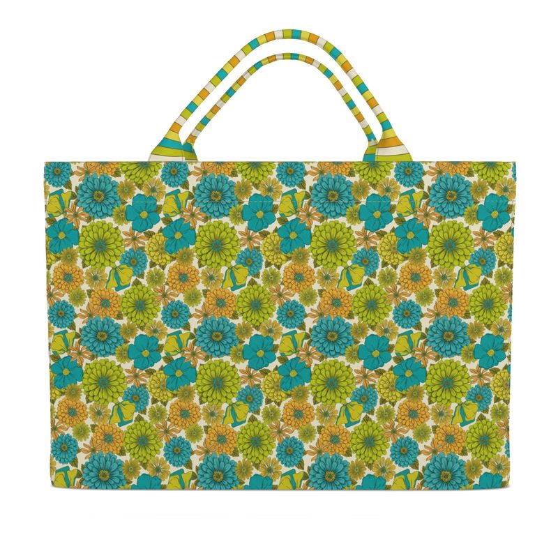 Everyday tote bag with blue and green daisy floral pattern and striped top handles