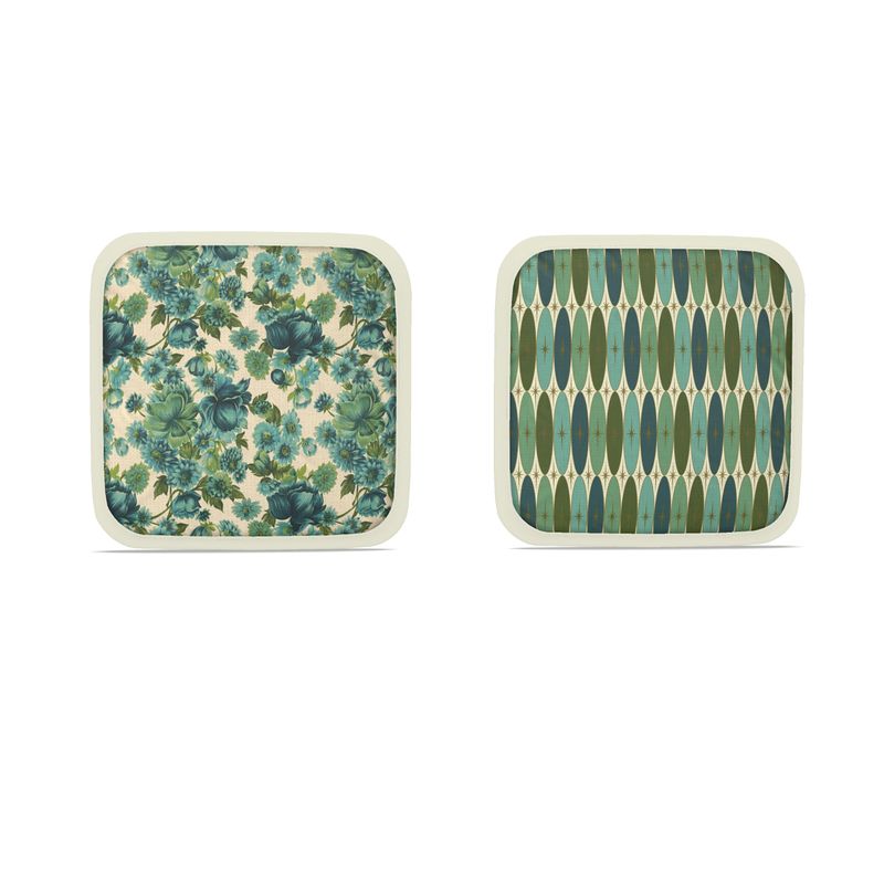 Set of 2 hot dish pads: blue-green floral and teal scallop geometric with cream trim