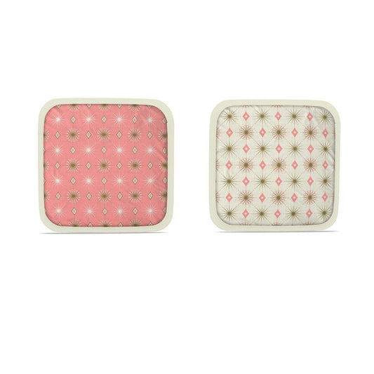 Square hot plate holder set with pink starburst pattern, cream trim, two-piece set