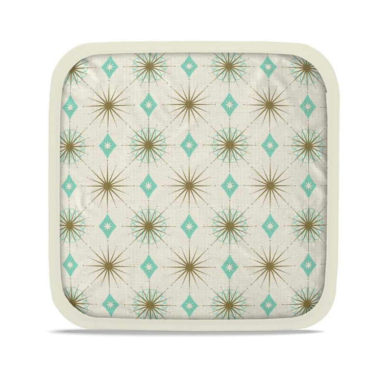 Hot plate holder with cream background, gold starburst and teal diamond pattern
