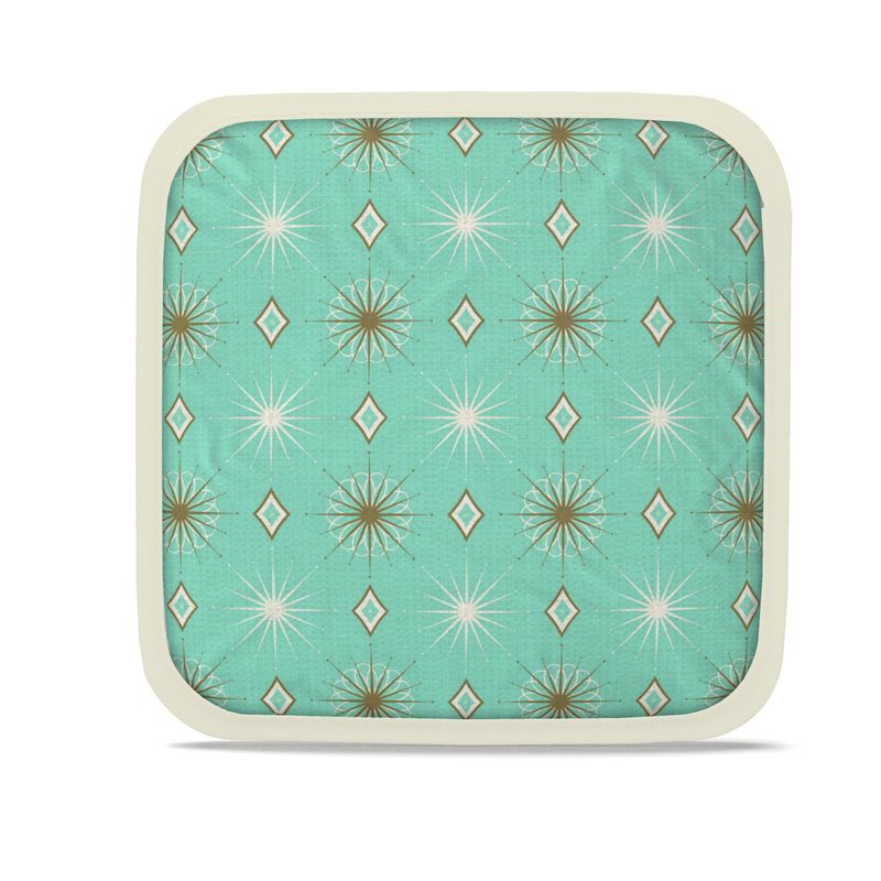 Hot plate holder, teal with gold starbursts and teal diamond accents