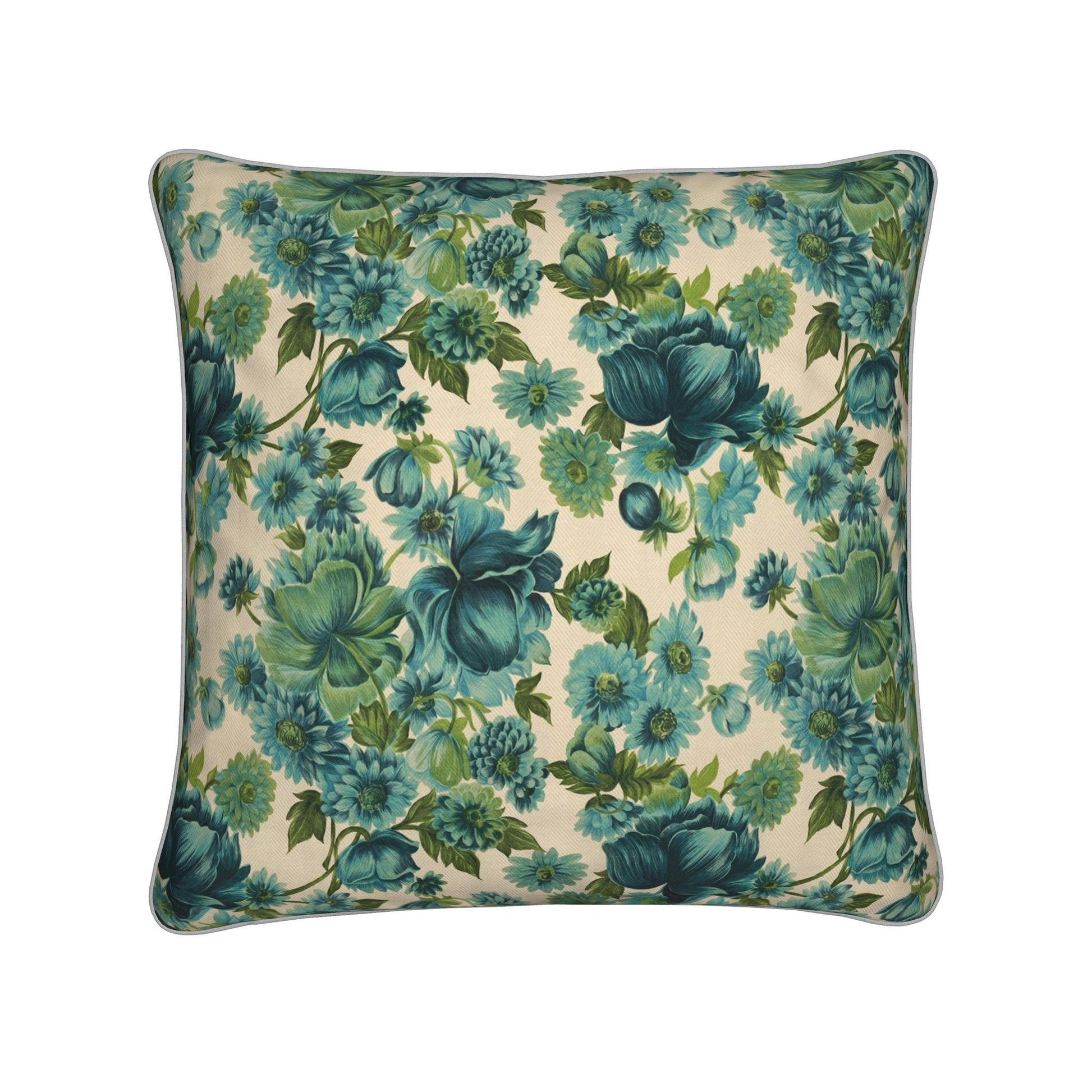 Floral patterned pillow with blue flowers on a beige background