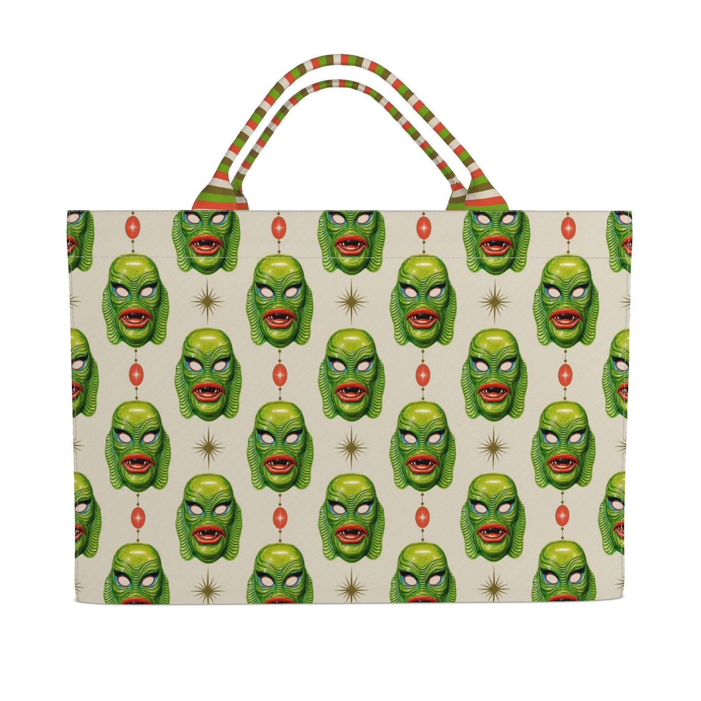 Printed monster face tote bag with green striped handles