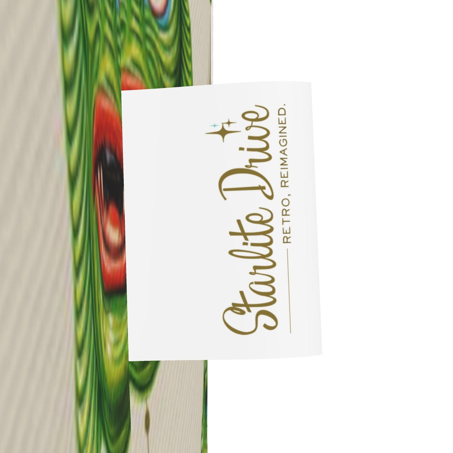 Printed fabric tote bag with white care-label tag