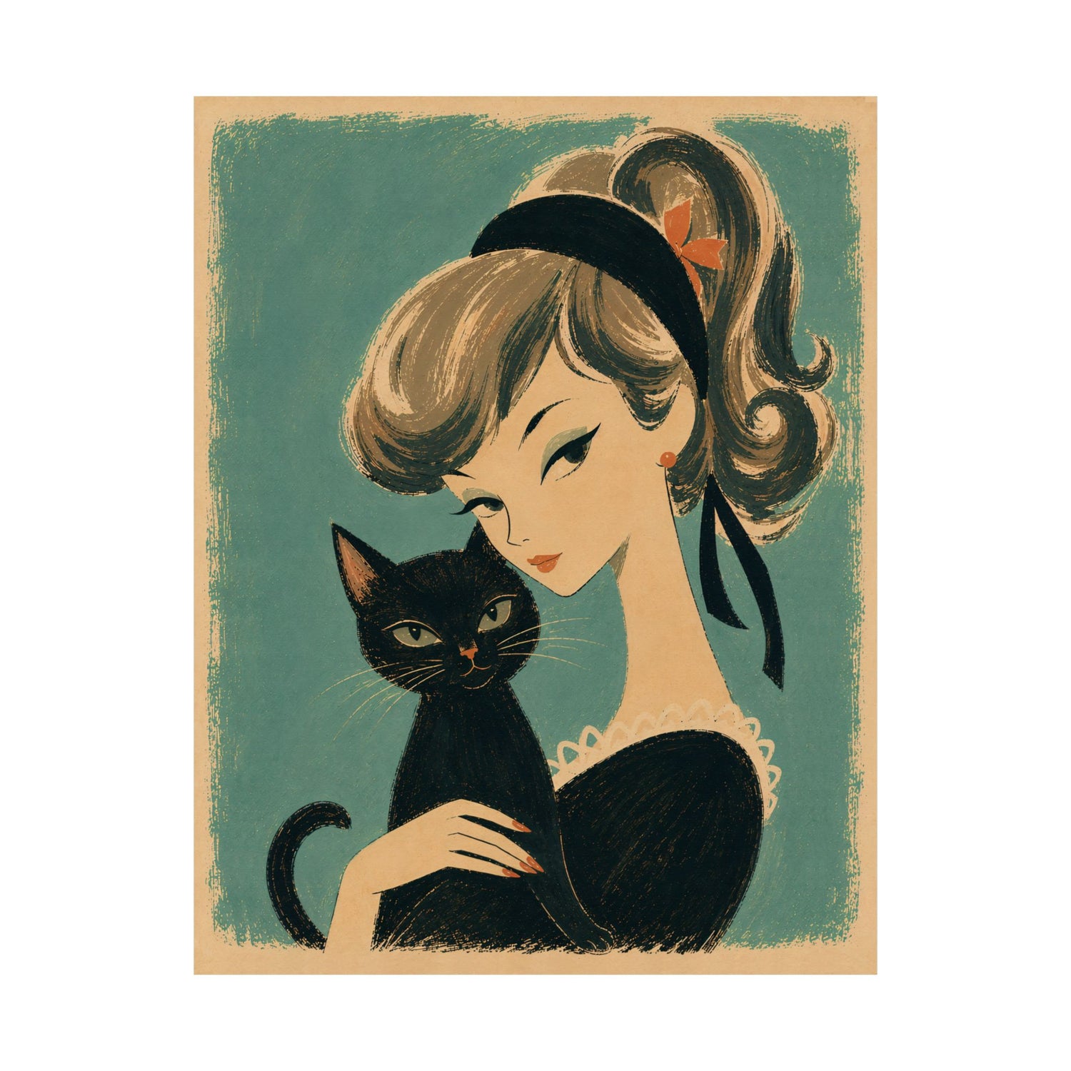 Framed art print of woman holding a black cat on a teal background