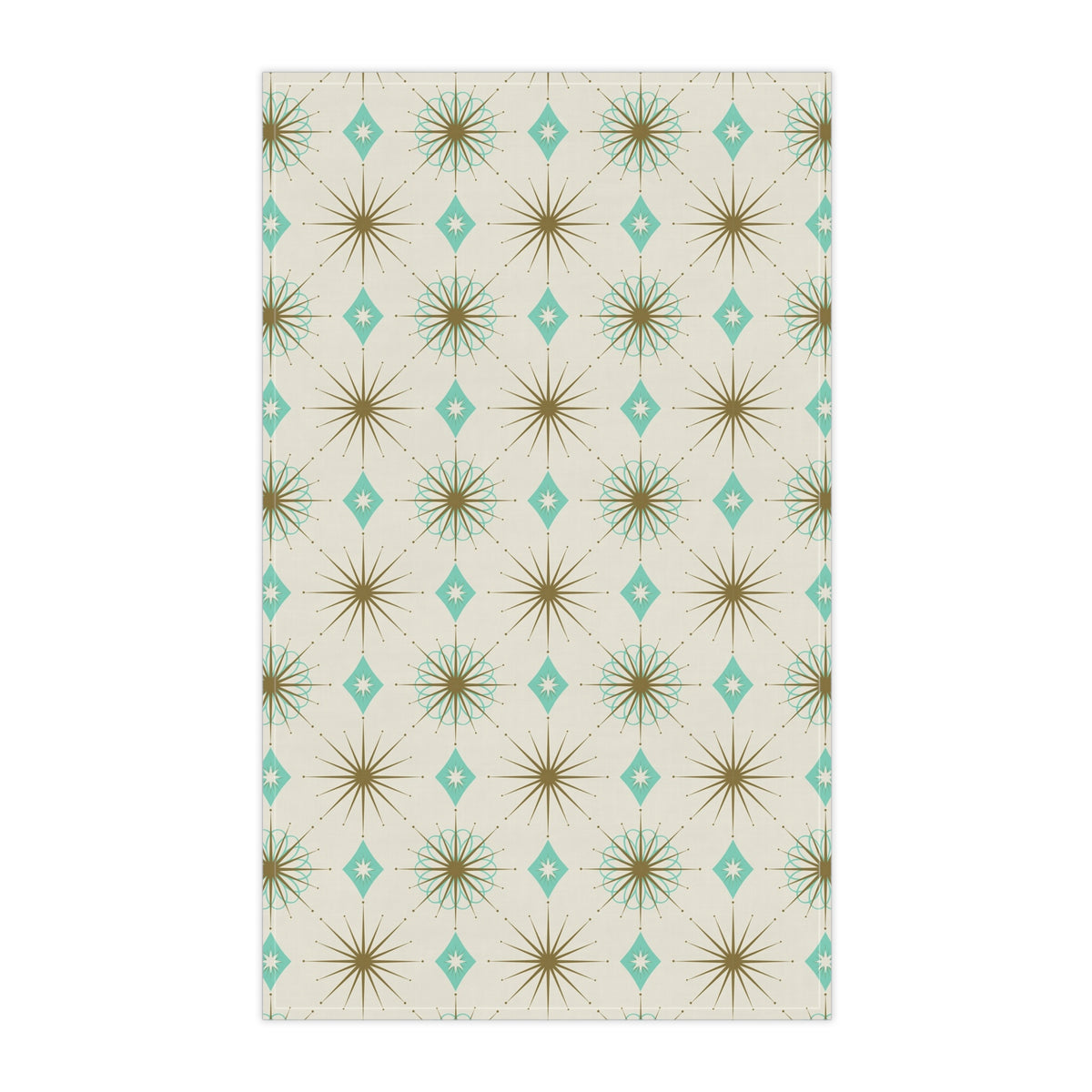 Kitchen towel with gold and teal starburst pattern on light background