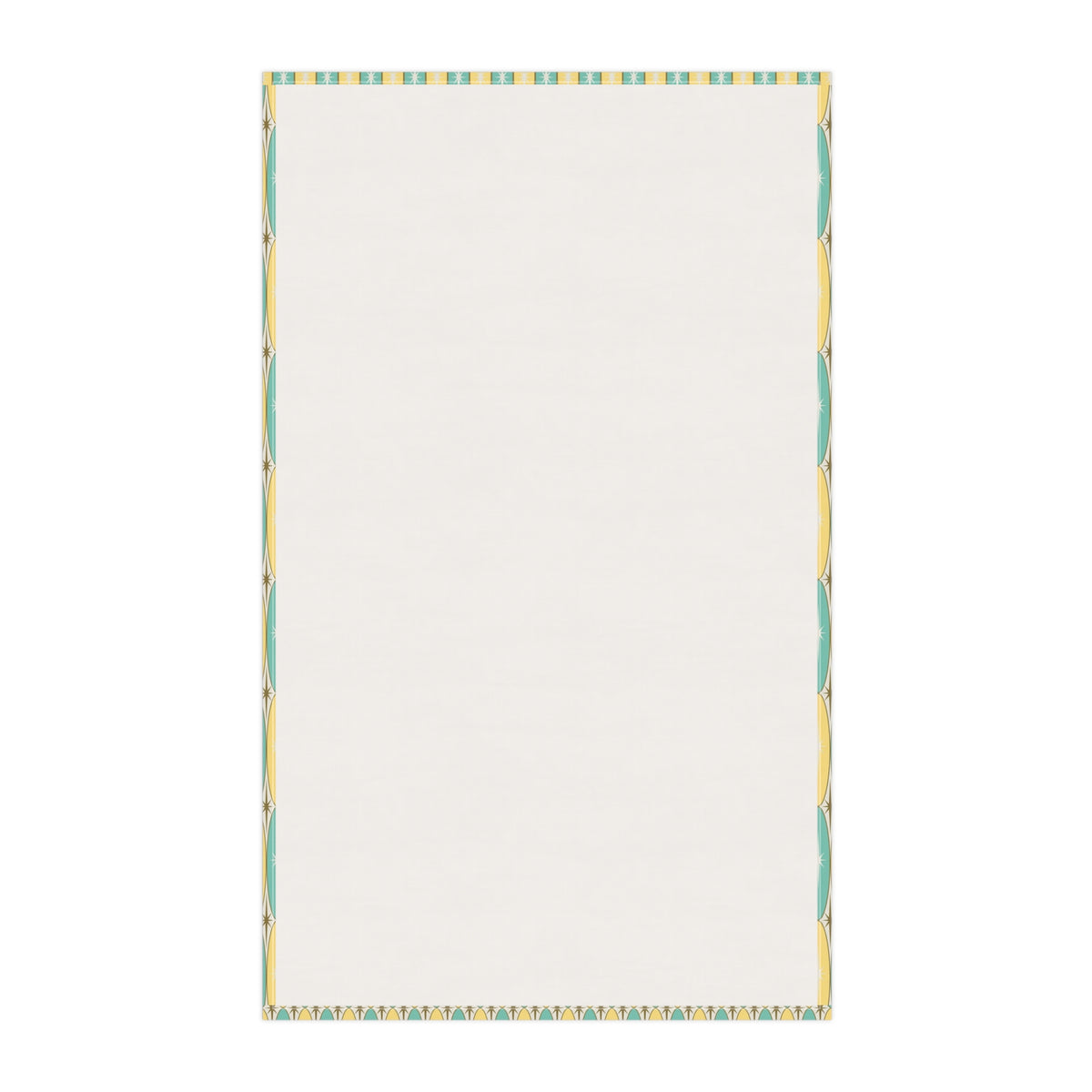 White kitchen towel with teal and yellow circular border frame