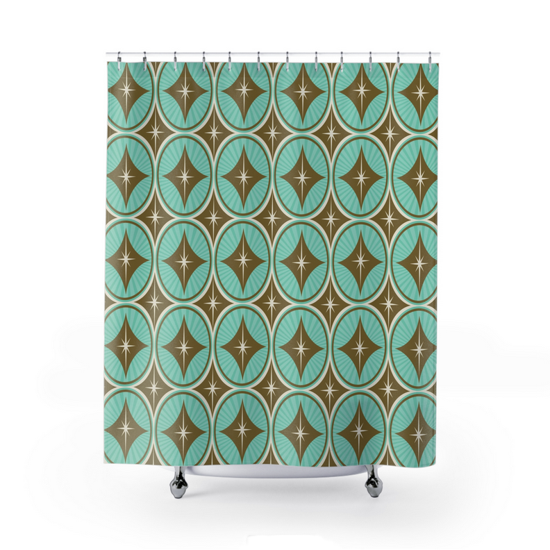 Teal geometric shower curtain with brown ovals and gold stars, hanging with hooks