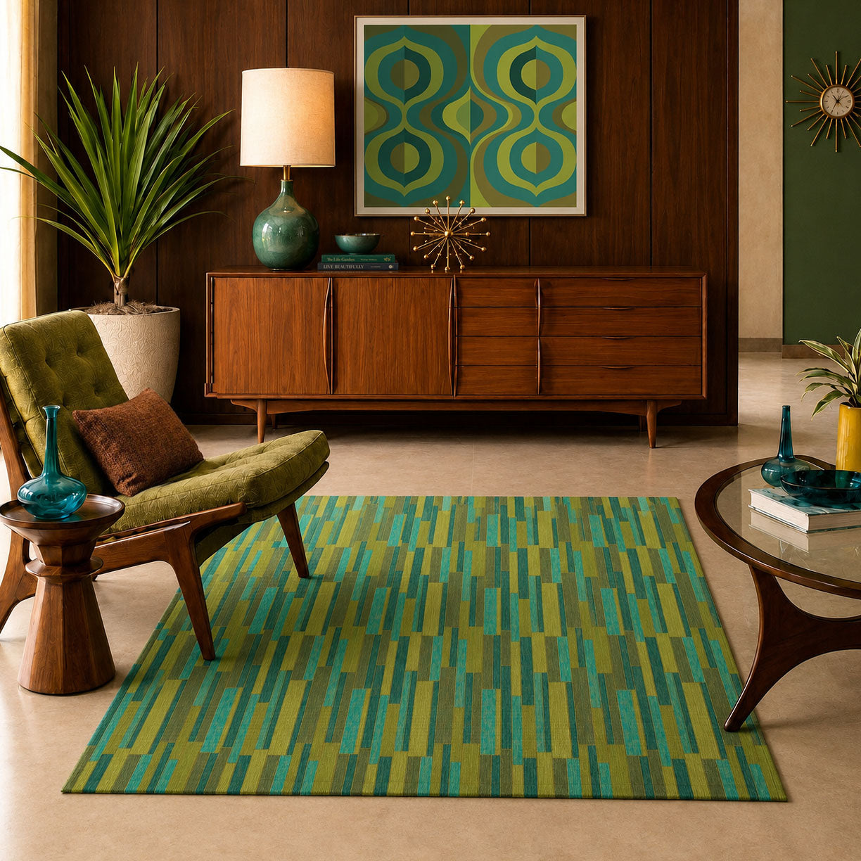 Rectangular area rug, teal and green block grid with subtle gold lines and border