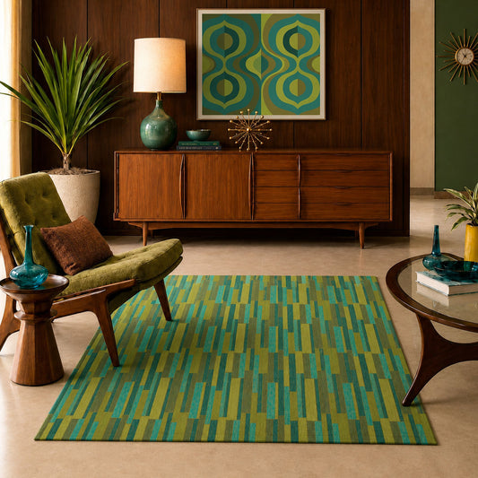 Mid-century modern area rug with retro skyline design — vintage-inspired home decor