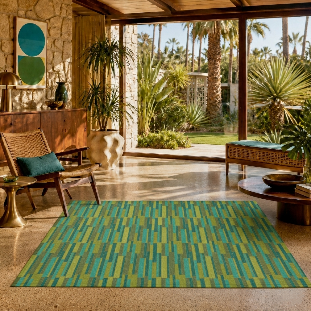 Large rectangular area rug with teal, green, and gold vertical tile-like pattern