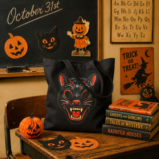 Vintage Black Cat Halloween Mask Canvas Tote Bag