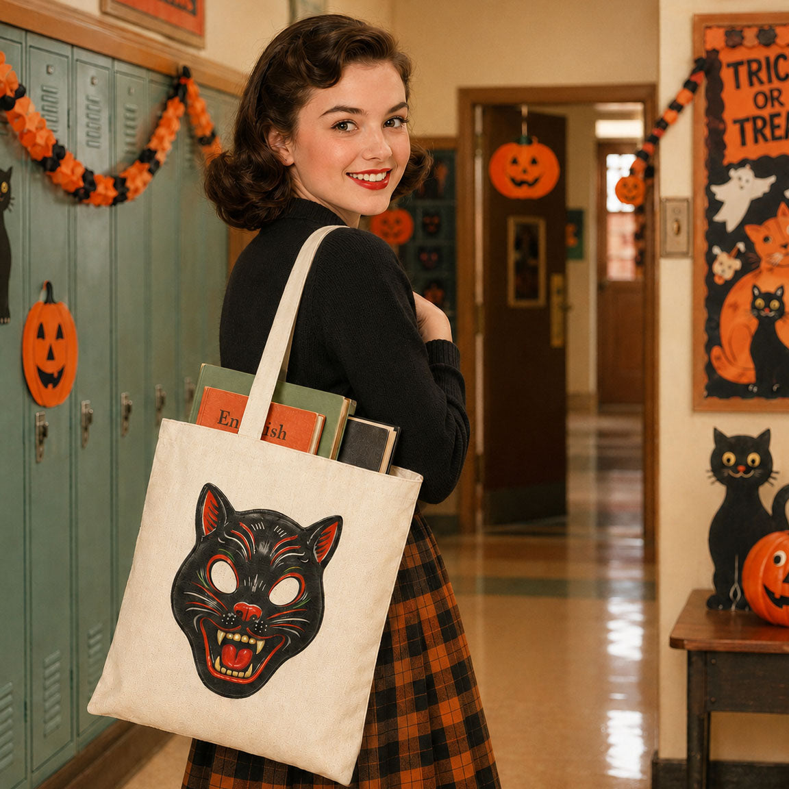 Vintage Black Cat Halloween Mask Canvas Tote Bag