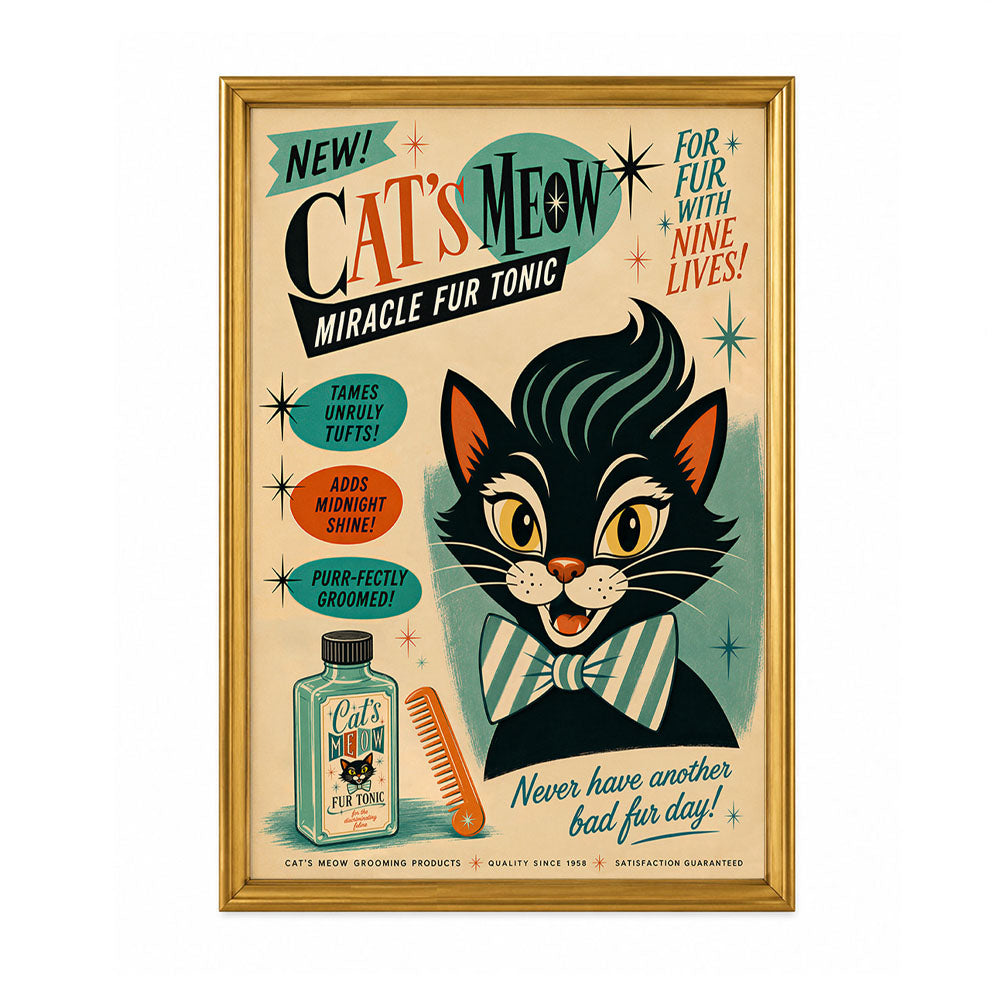 Cat's Meow Miracle Fur Tonic framed poster with cat face and bottle artwork