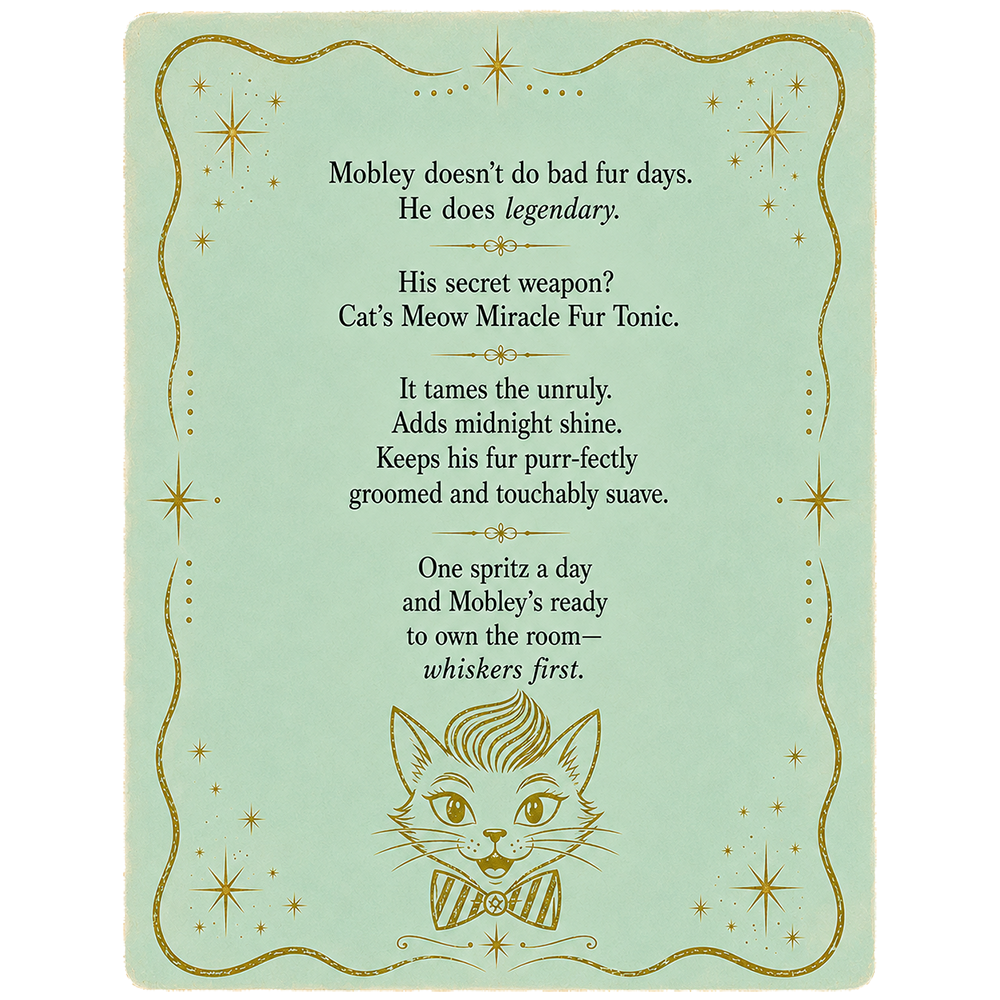 Cat's Meow Miracle Fur Tonic decorative card with cat illustration and gold star accents