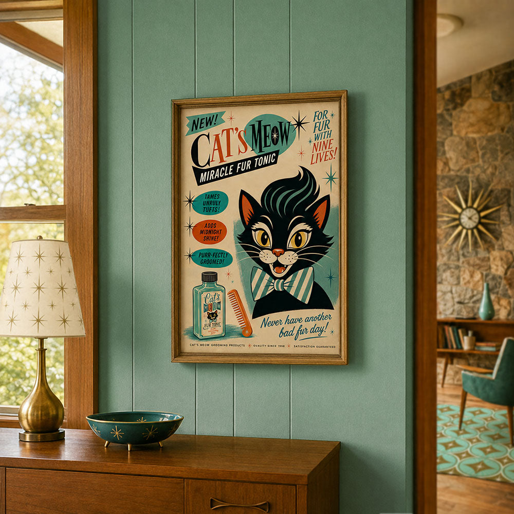 Cat's Meow Miracle Fur Tonic framed poster hanging indoors with cat and bottle art